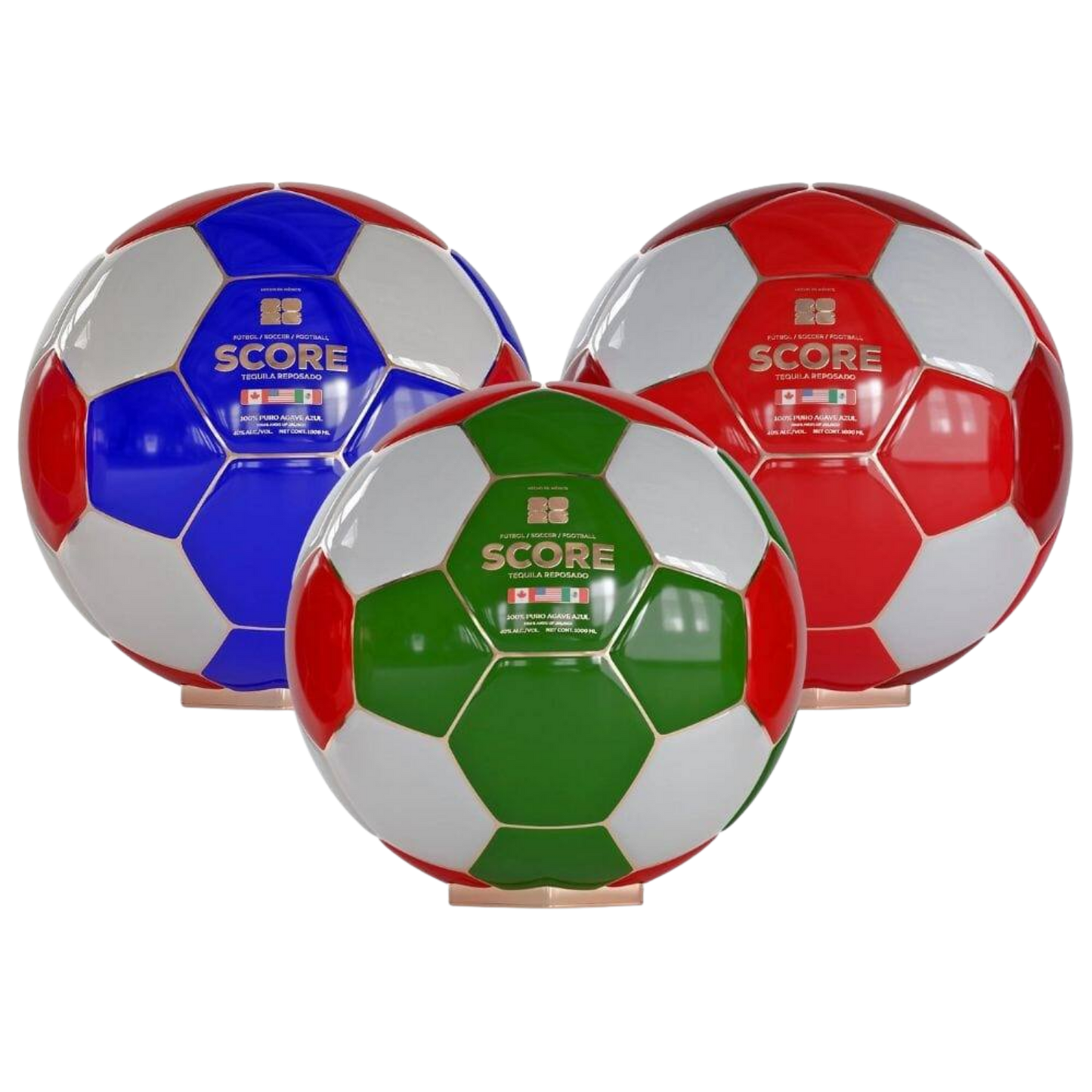 Three Score Tequila Ball Decanters featuring a green white and red Mexico, Red and white Canada, and Red white and Blue USA.