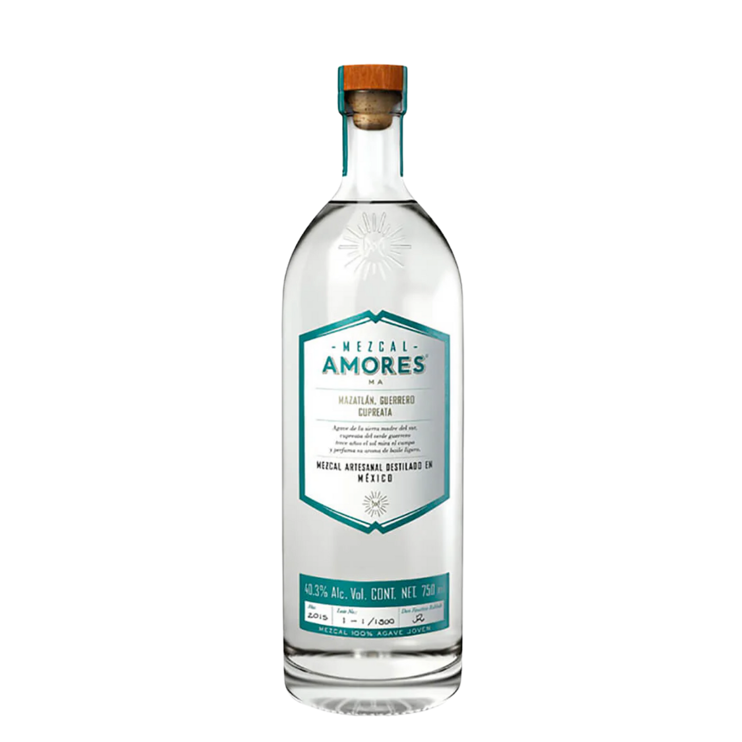 Amaras Mezcal Cupreata Clear bottle with a teal label on a white background