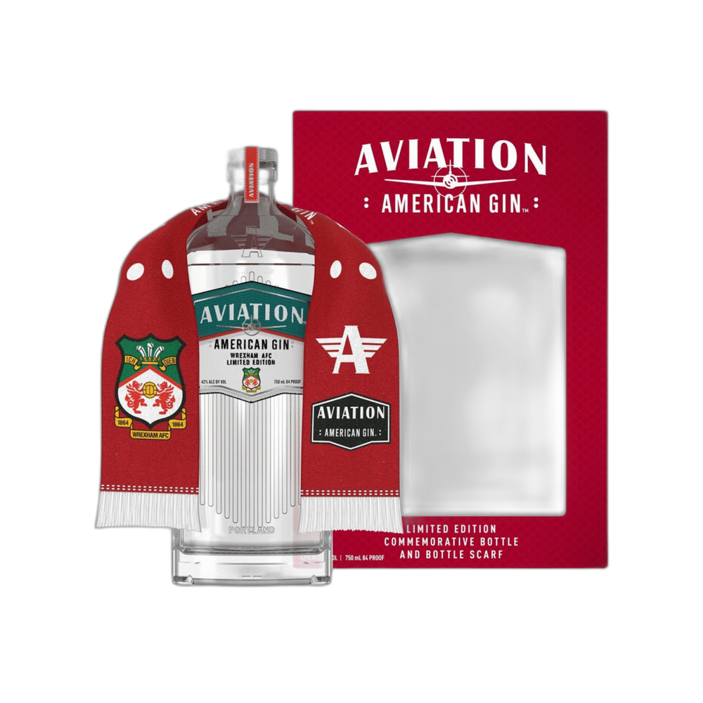 Aviation Gin Wrexham AFC limited edition bottle with custom scarf, transparent background.