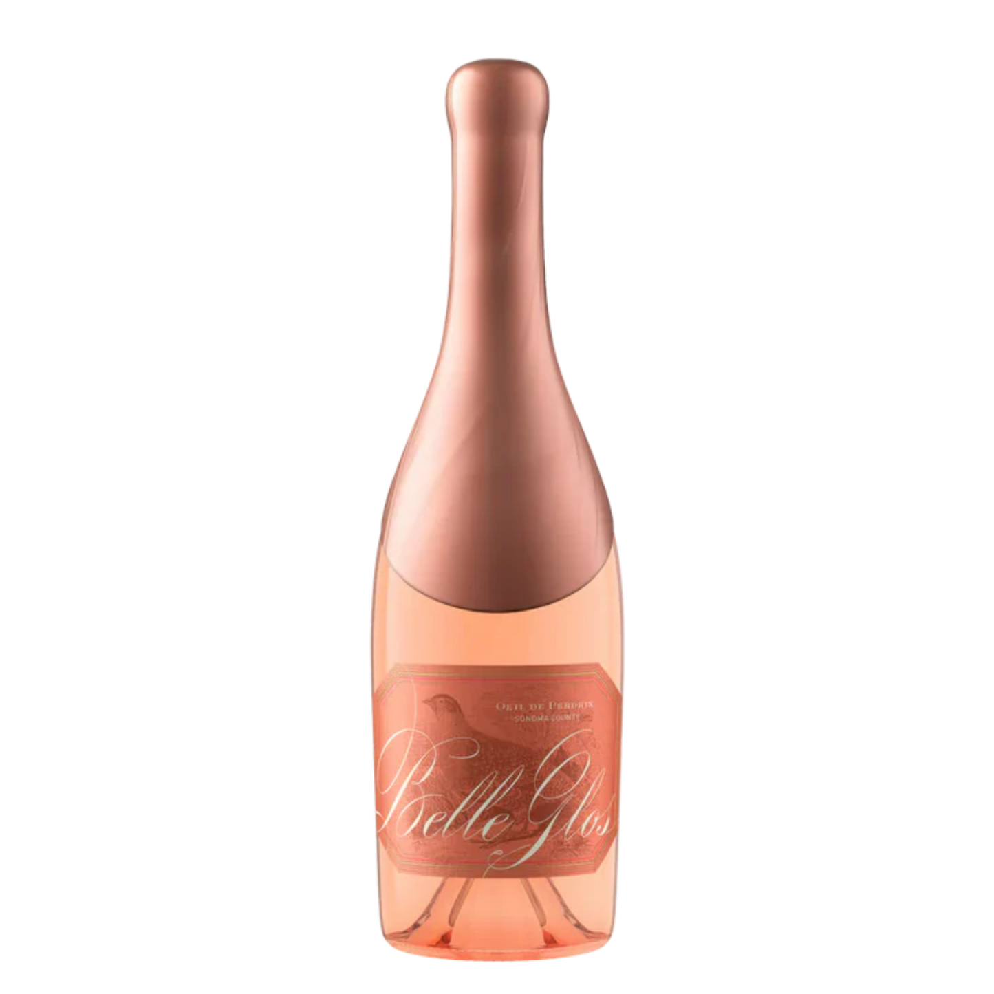 Belle Glos Rose pink wine with white background.