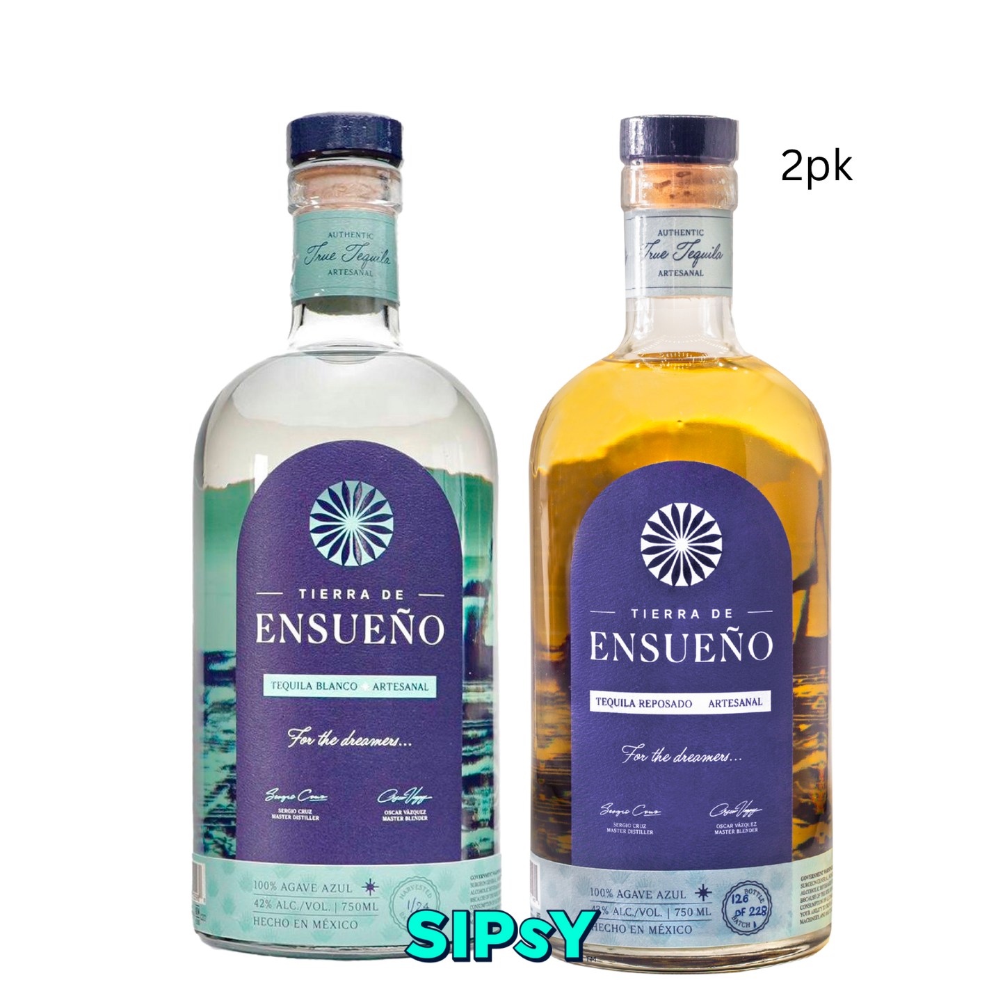 Two bottles of Tierra de Ensueno tequila with purple labels on a white background.