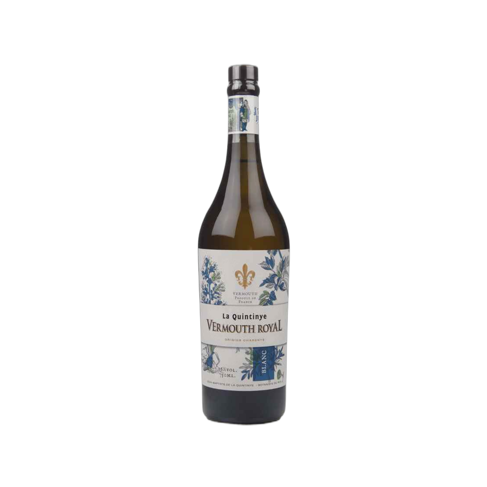 La Quintinye Vermouth Royal Blanc white vermouth bottle on transparent background.