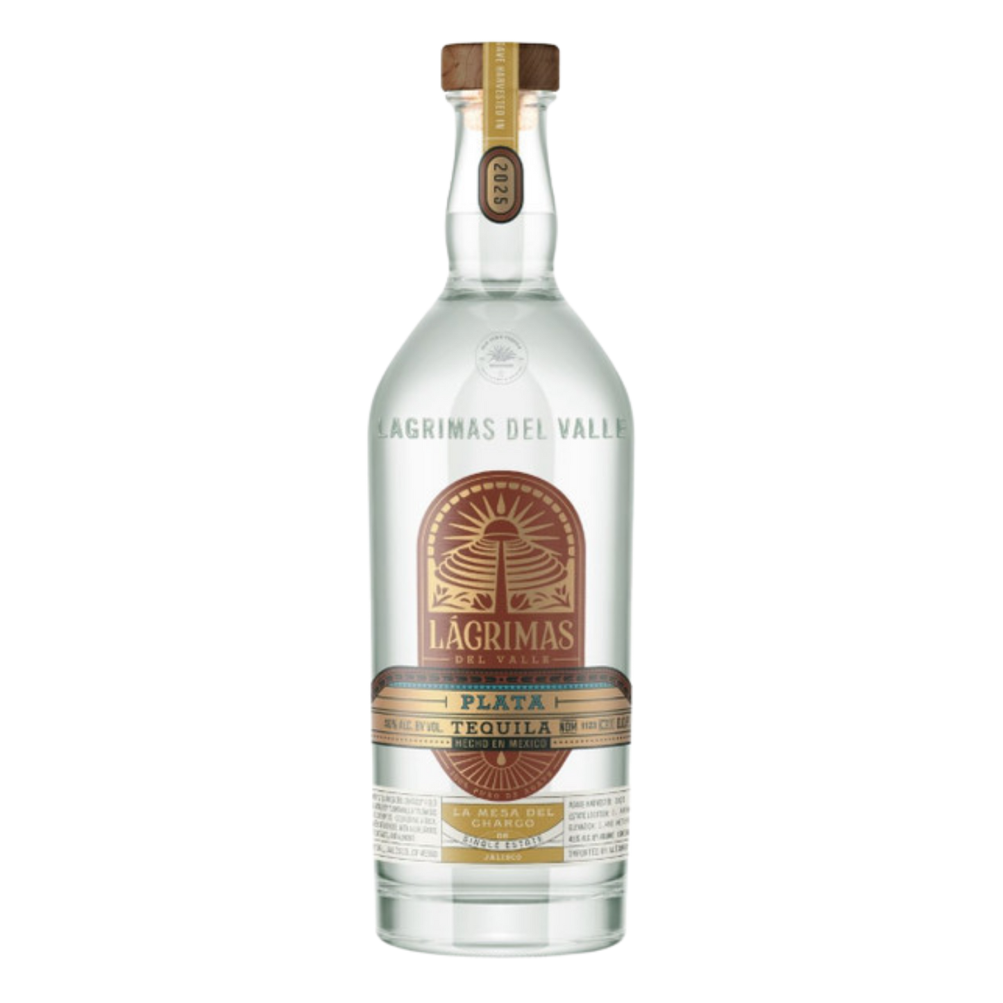 A bottle of Lagrimas Del Valle Plata Tequila on a plain white background.