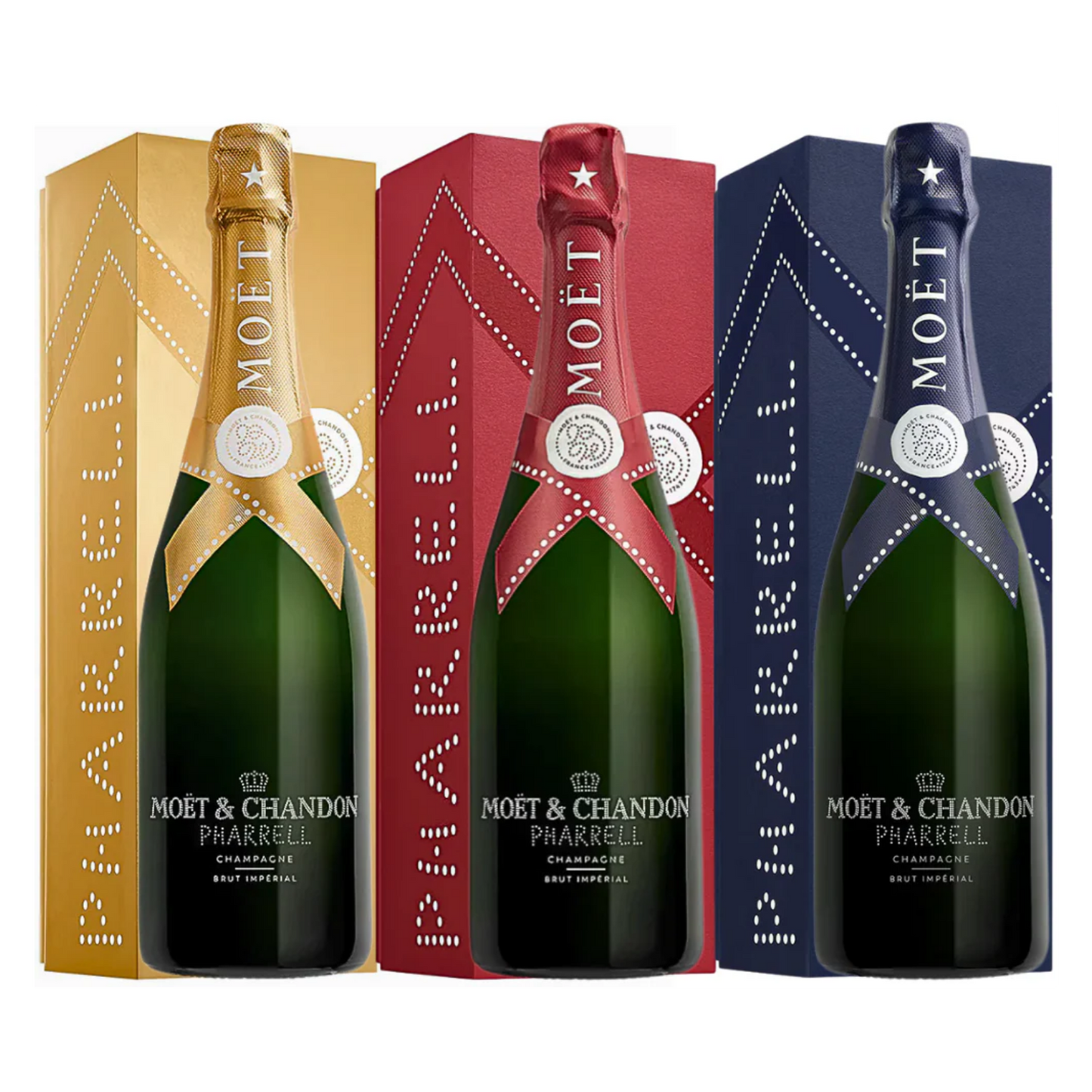 Three Moét & Chandon bottles with colorful packaging on a white background