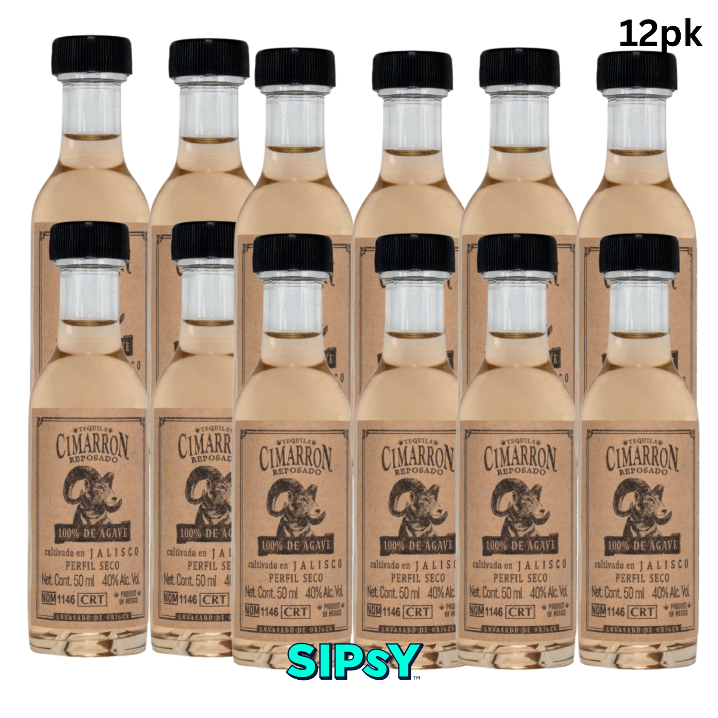 A pack of ten bottles of Cimarron Jalisco Peyrull Seco tequila, arranged in two rows against a white background. The bottles are clear glass containing a light golden-amber liquid, with black caps and tan labels featuring the Cimarron logo.