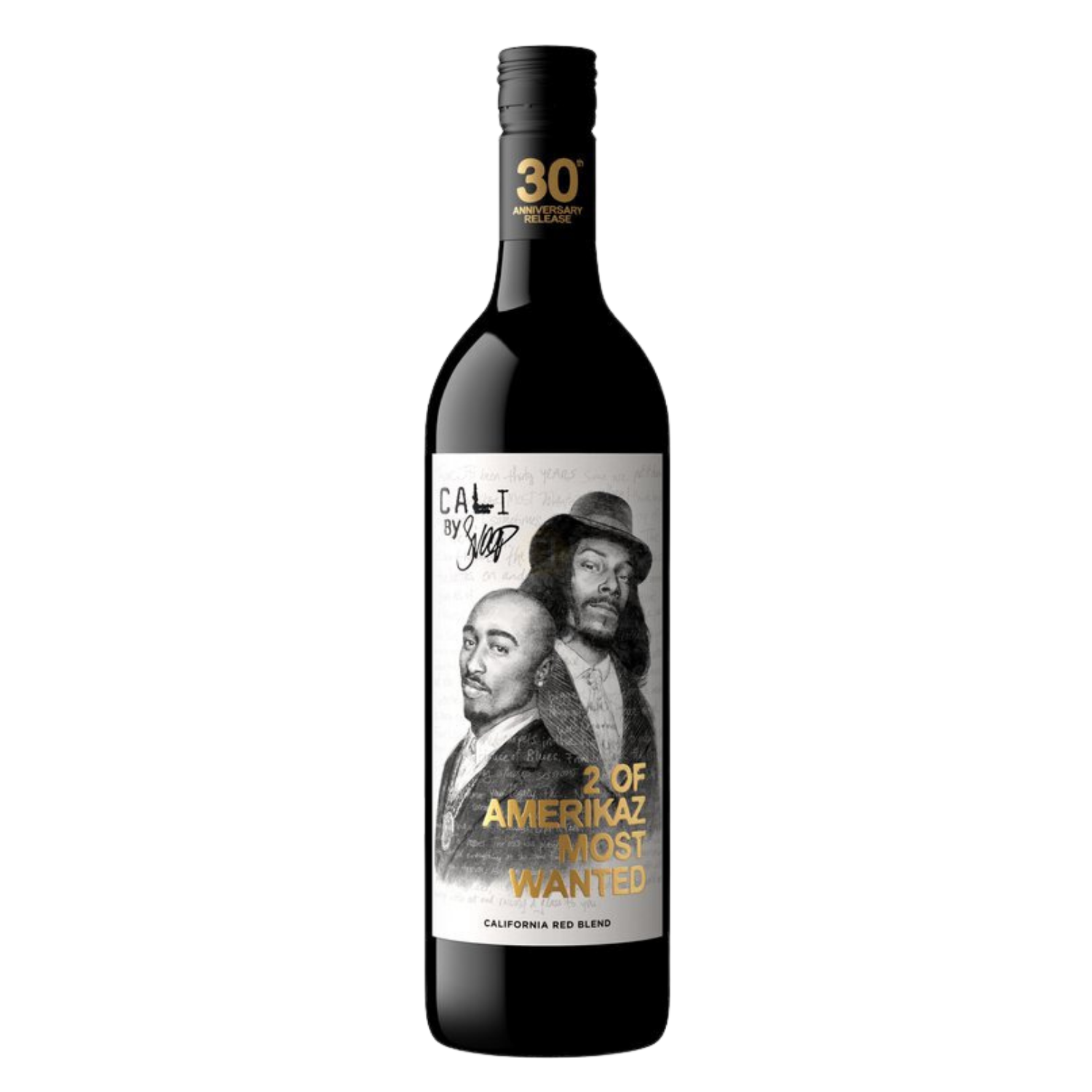 A bottle of Cali by Ship California Red Wine with a black label featuring black-and-white portraits and gold text reading '2 of Amerikaz Most Wanted'.