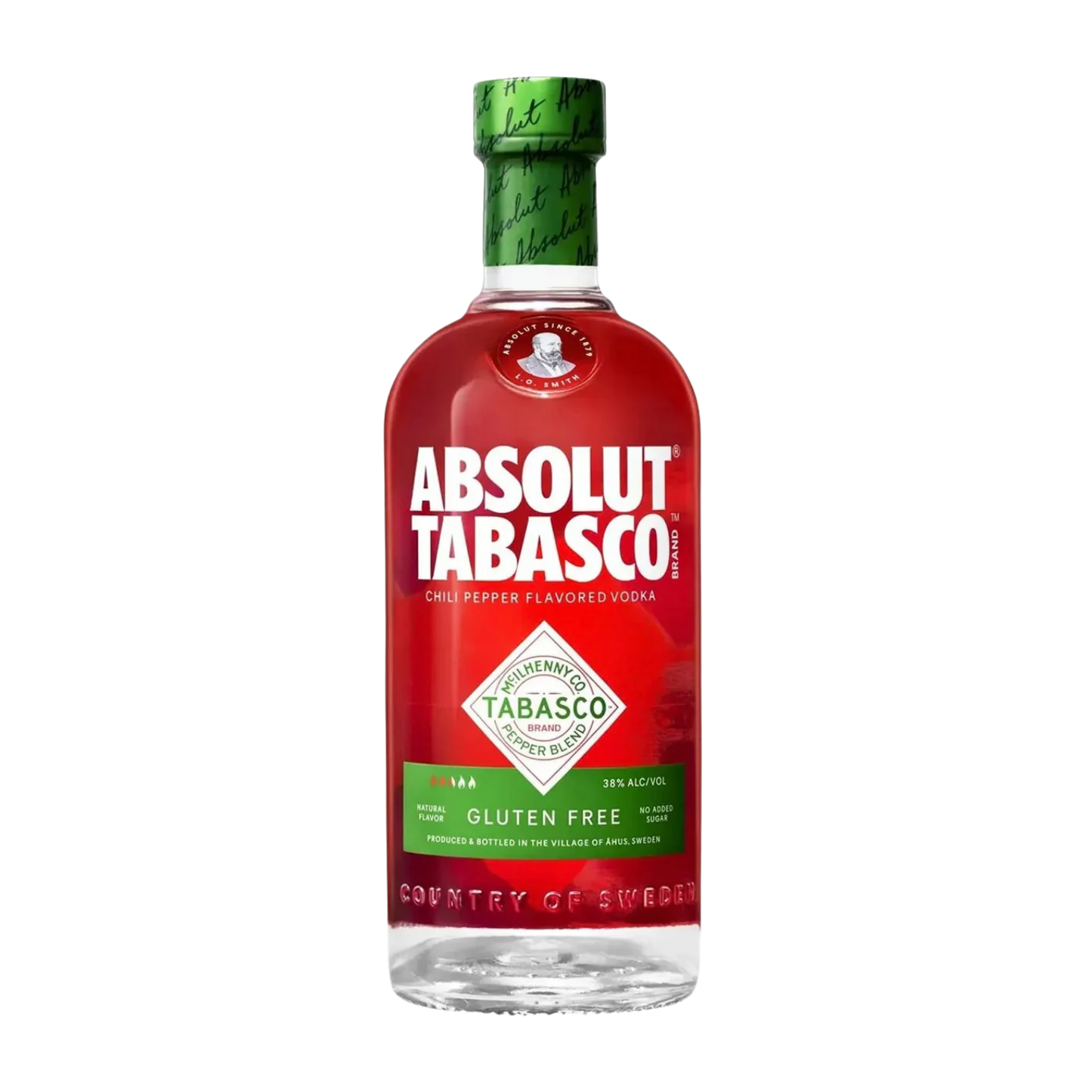 Bottle of Absolut Tabasco vodka on a white background