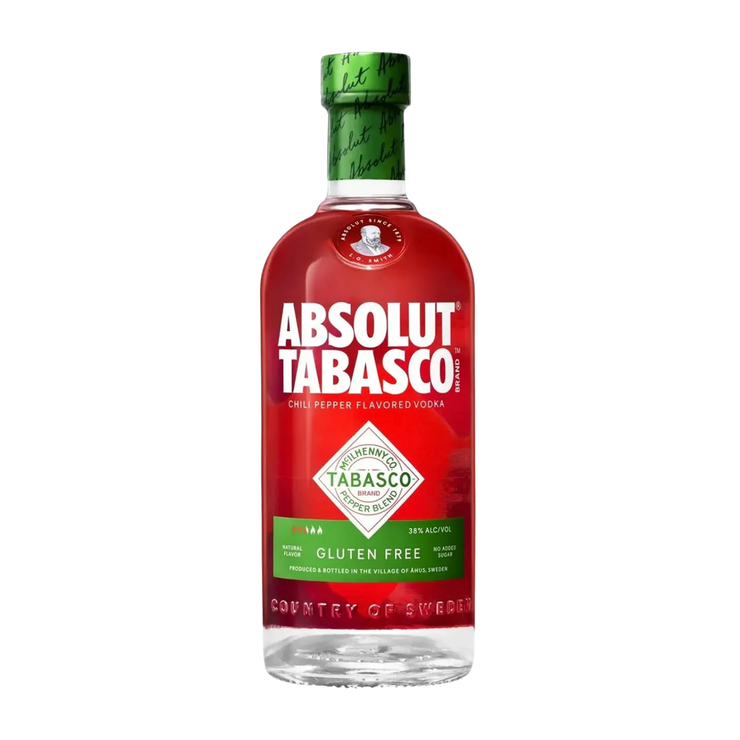 Bottle of Absolut Tabasco vodka on a white background