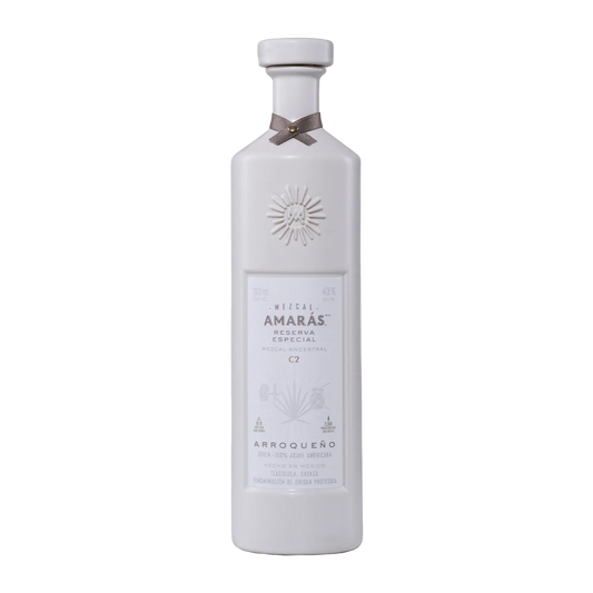 Amaras Arronqueno Mezcal White bottle with a label on a white background.