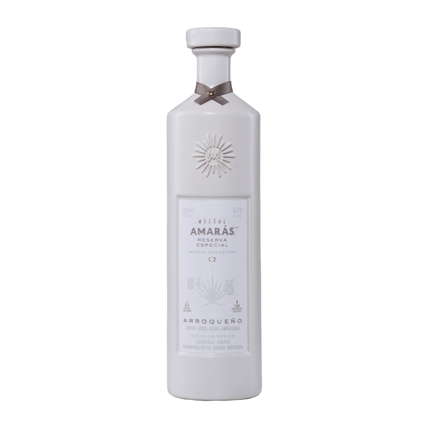 Amaras Arronqueno Mezcal White bottle with a label on a white background.