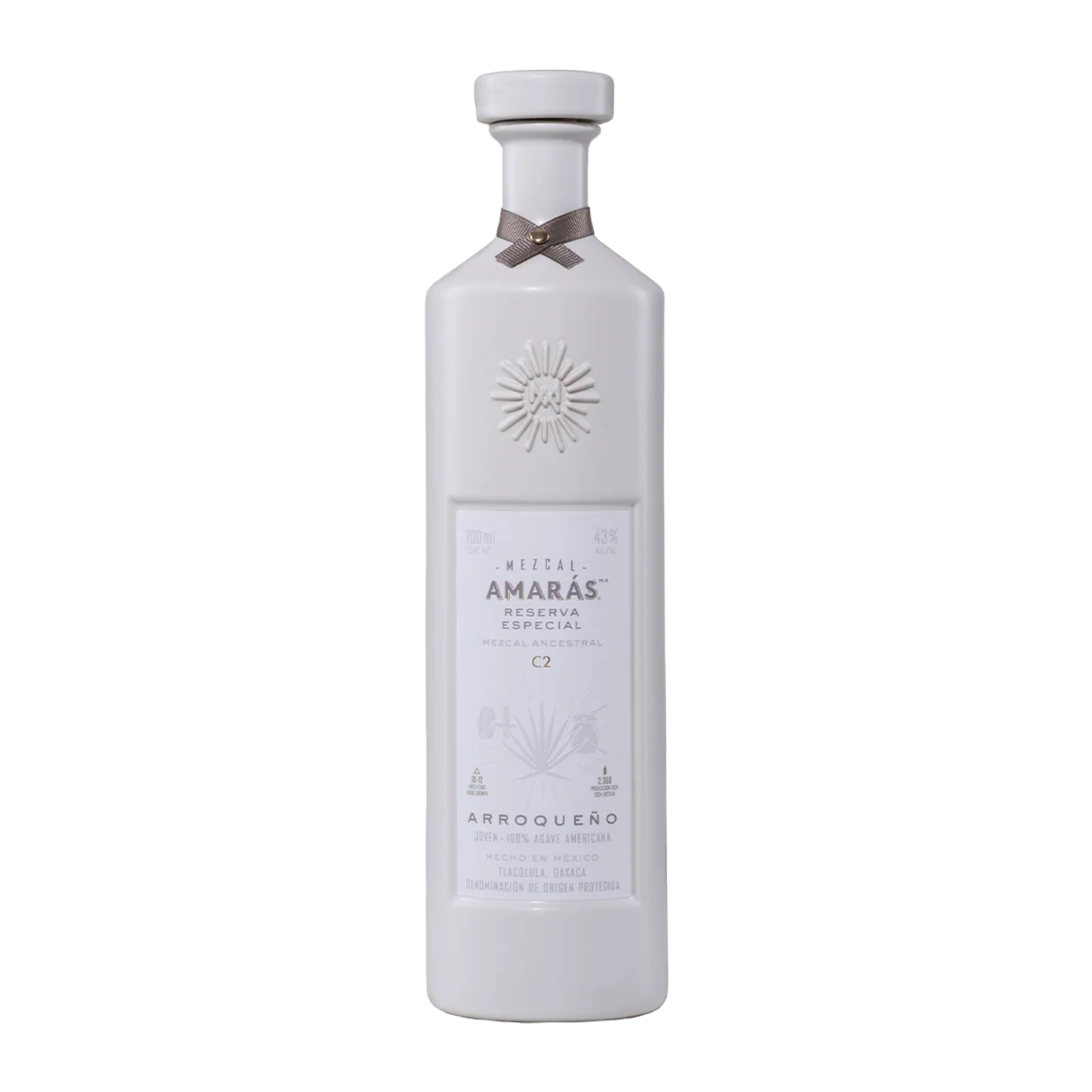 Amaras Arronqueno Mezcal White bottle with a label on a white background.