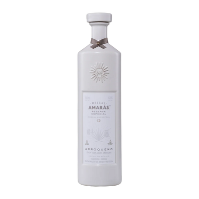 Amaras Arronqueno Mezcal White bottle with a label on a white background.