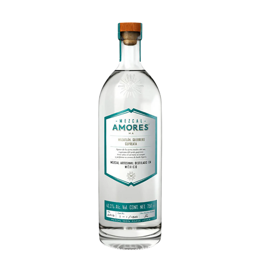 Amaras Mezcal Cupreata Clear bottle with a teal label on a white background