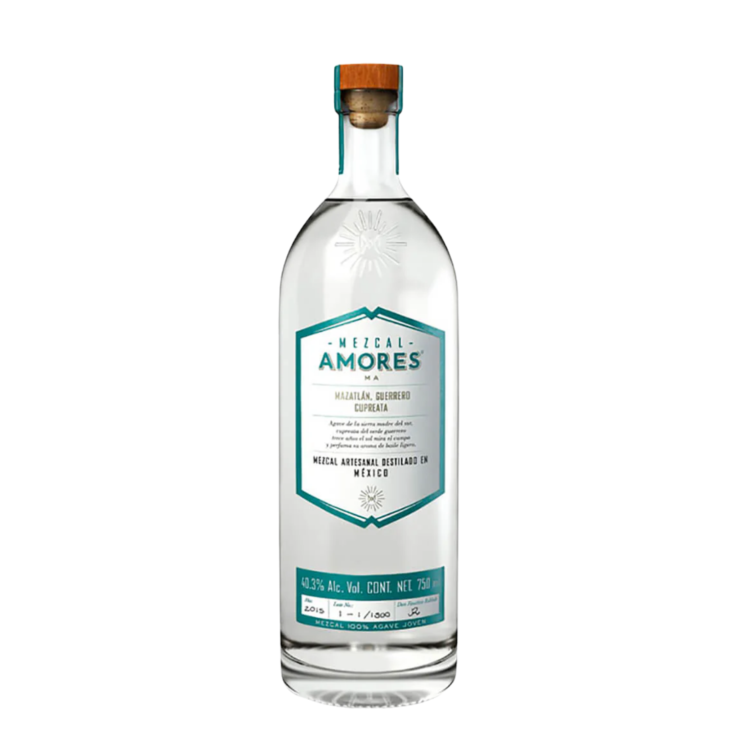 Amaras Mezcal Cupreata Clear bottle with a teal label on a white background