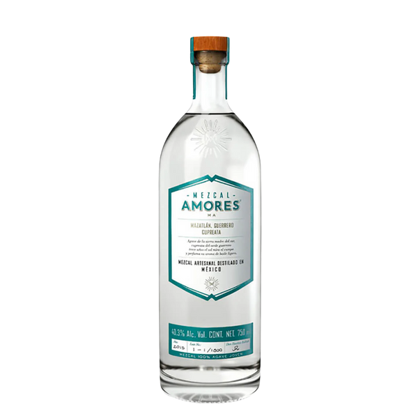 Amaras Mezcal Cupreata Clear bottle with a teal label on a white background