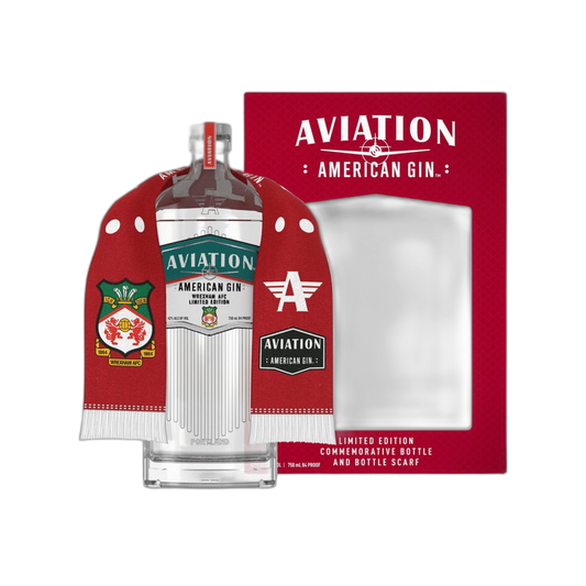 Aviation Gin Wrexham AFC limited edition bottle with custom scarf, transparent background.