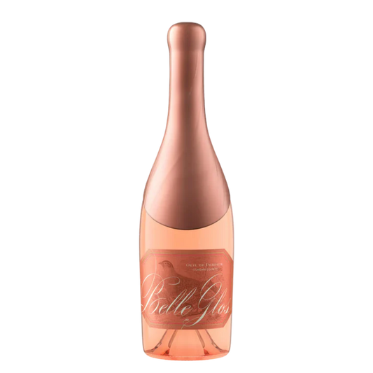 Belle Glos Rose pink wine with white background.