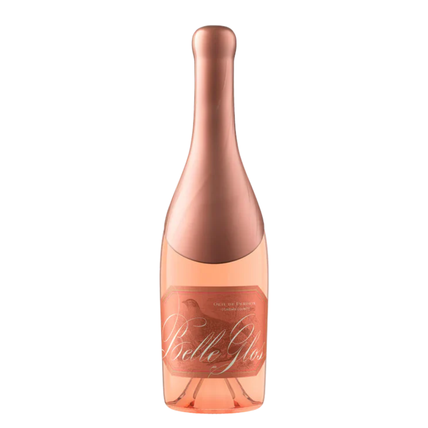 Belle Glos Rose pink wine with white background.