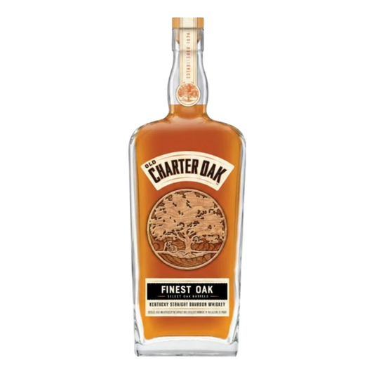 Bottle of Old Charter Oak Finest Oak bourbon whiskey on a white background