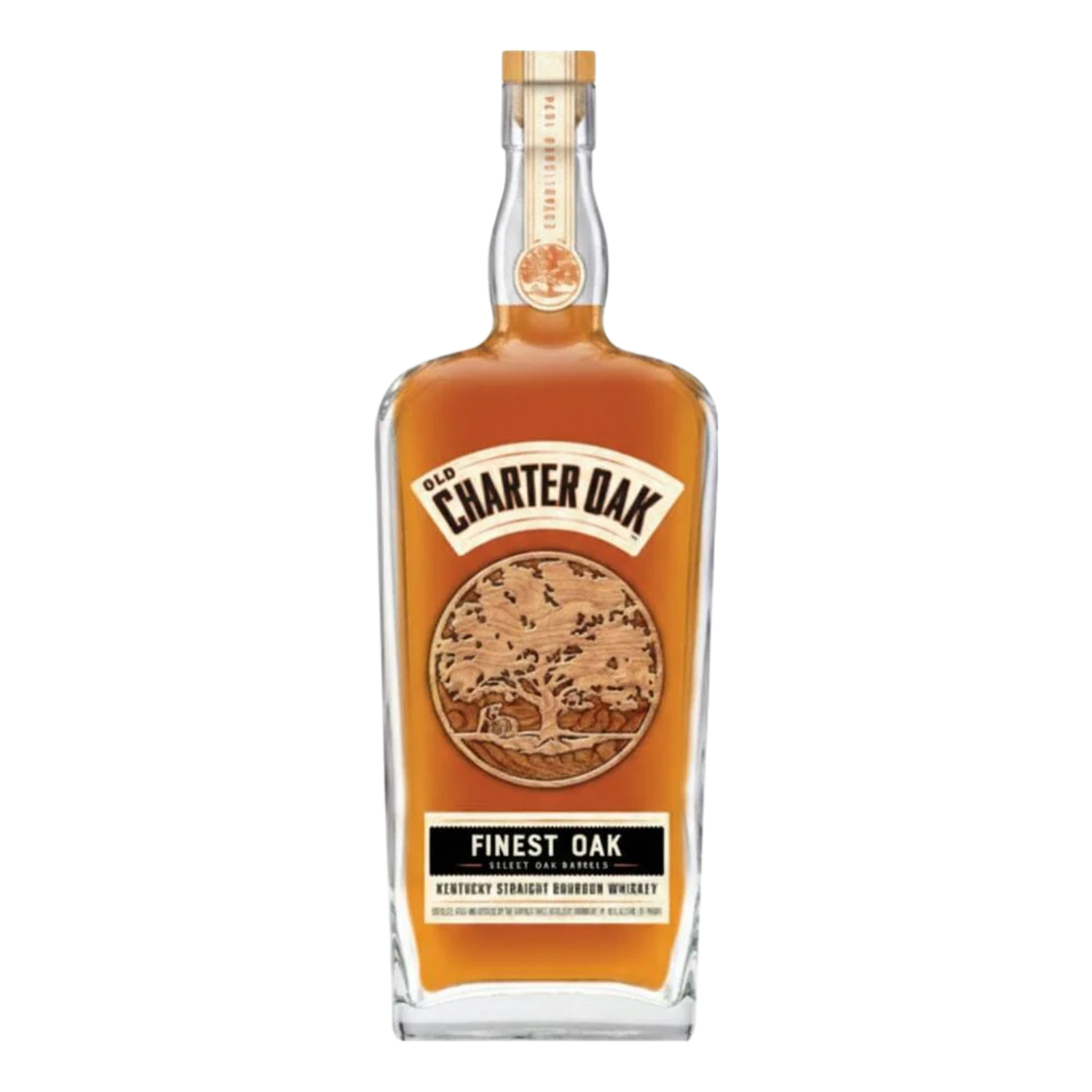 Bottle of Old Charter Oak Finest Oak bourbon whiskey on a white background