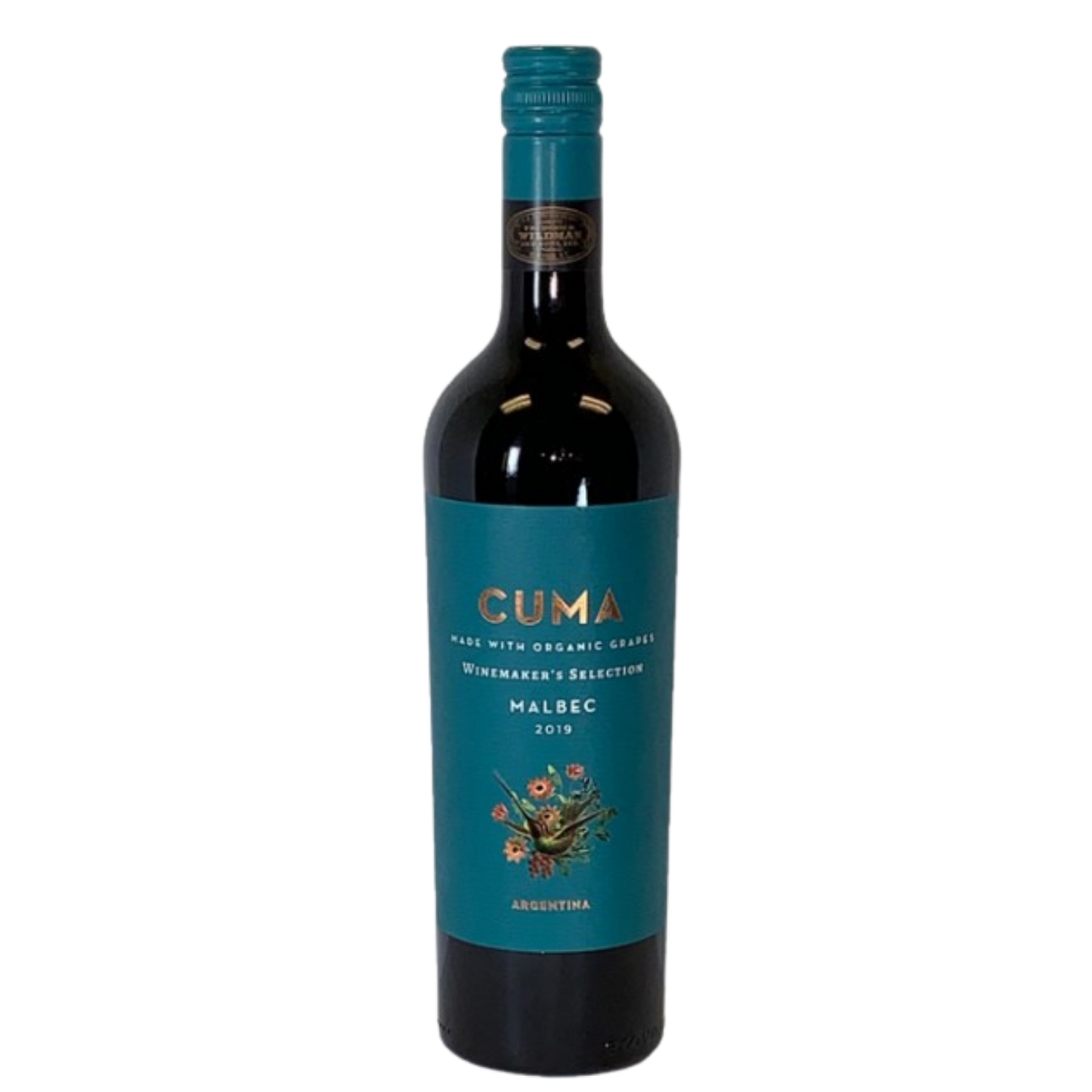 Cuma Malbec Malbec  with blue label wine bottle.