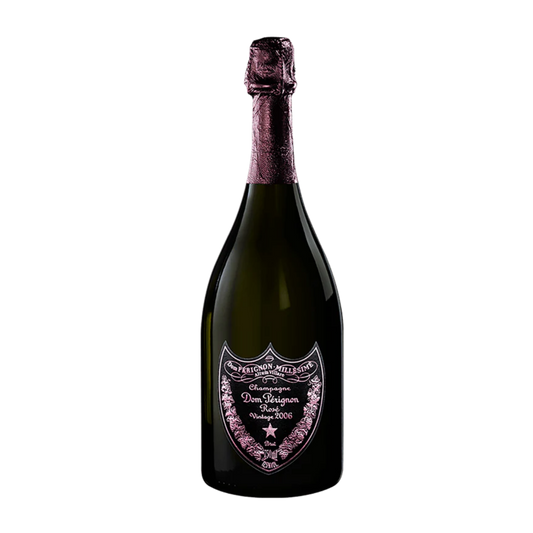 Bottle of Dom Perignon champagne Rose on a white background.
