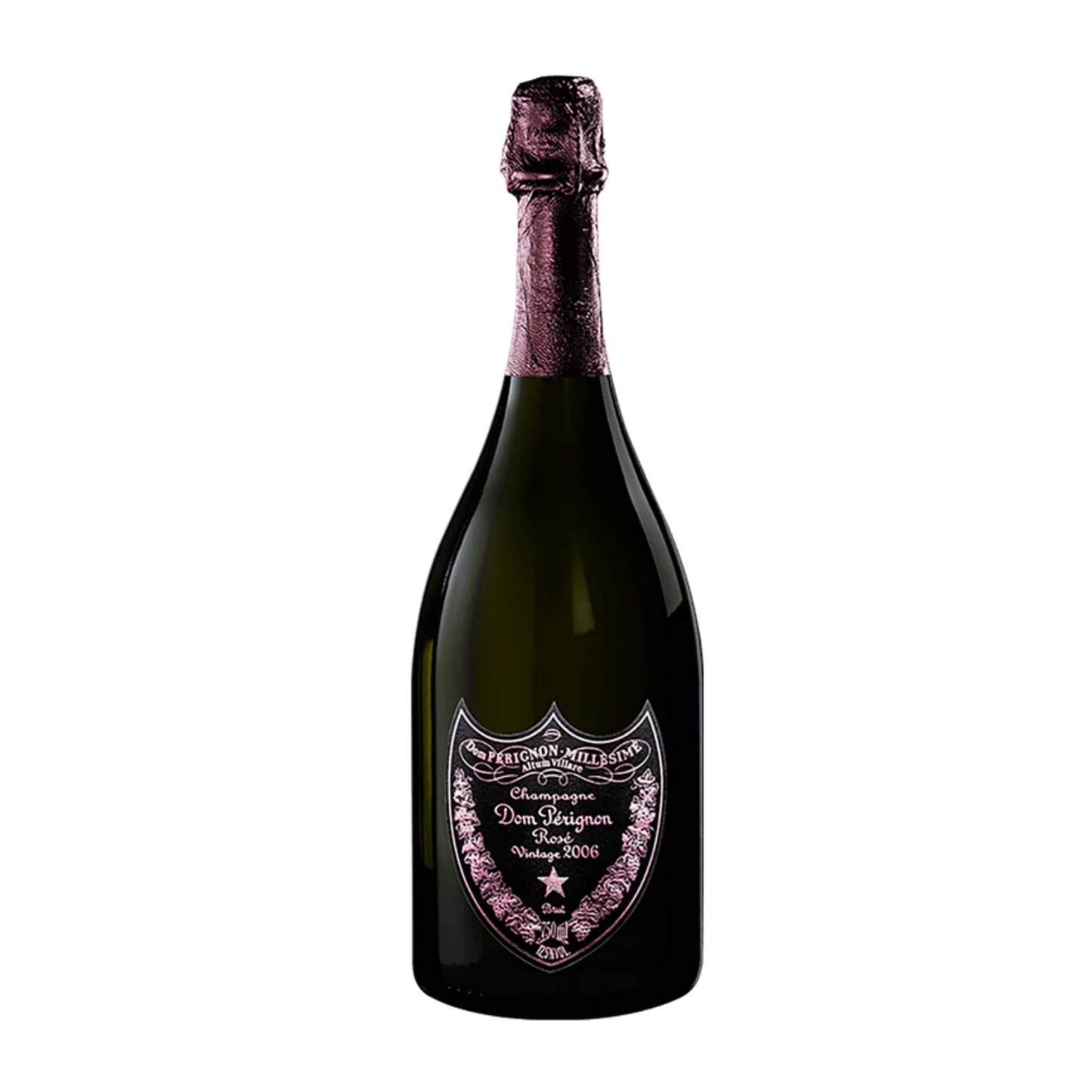Bottle of Dom Perignon champagne Rose on a white background.