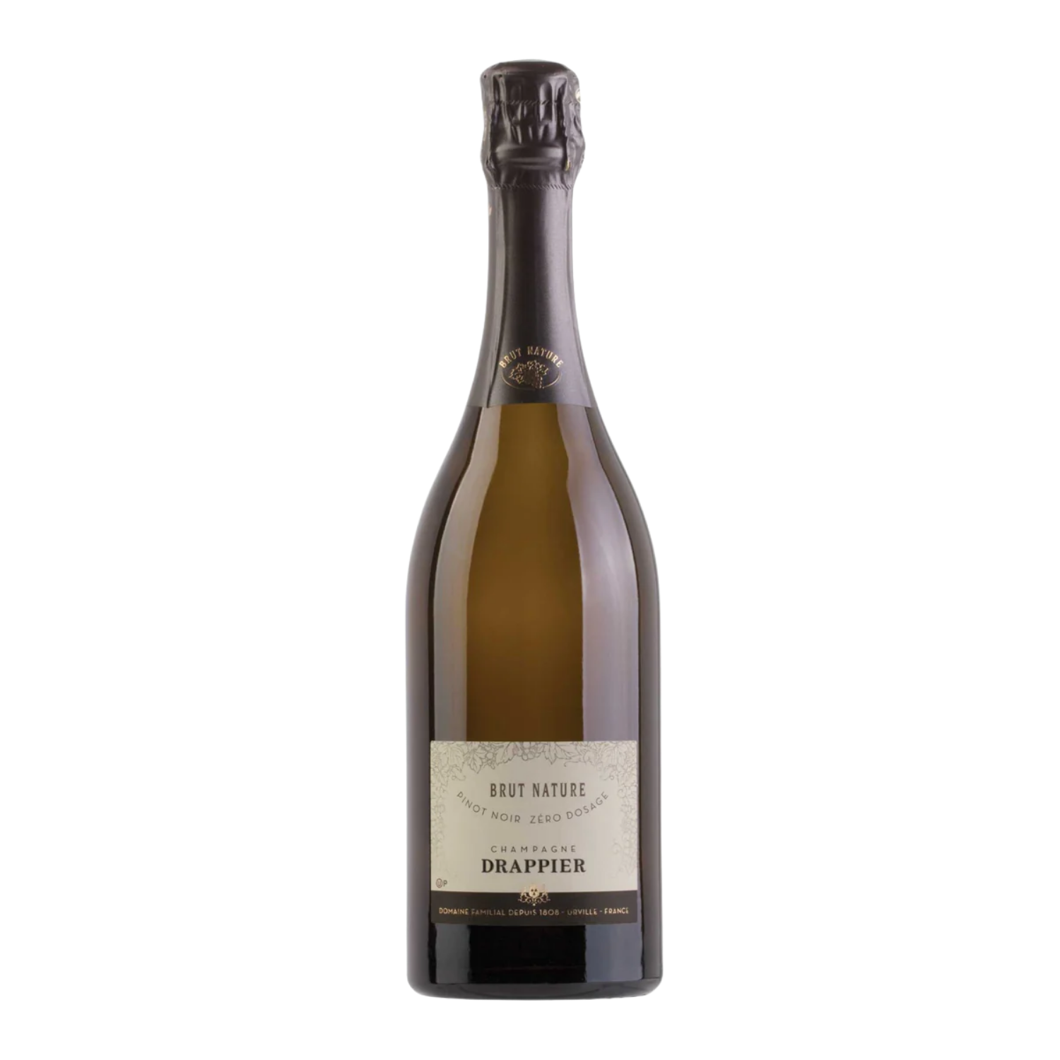 Bottle of champagne with a visible label on a white background
