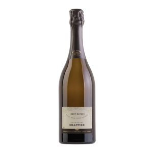 Bottle of champagne with a visible label on a white background