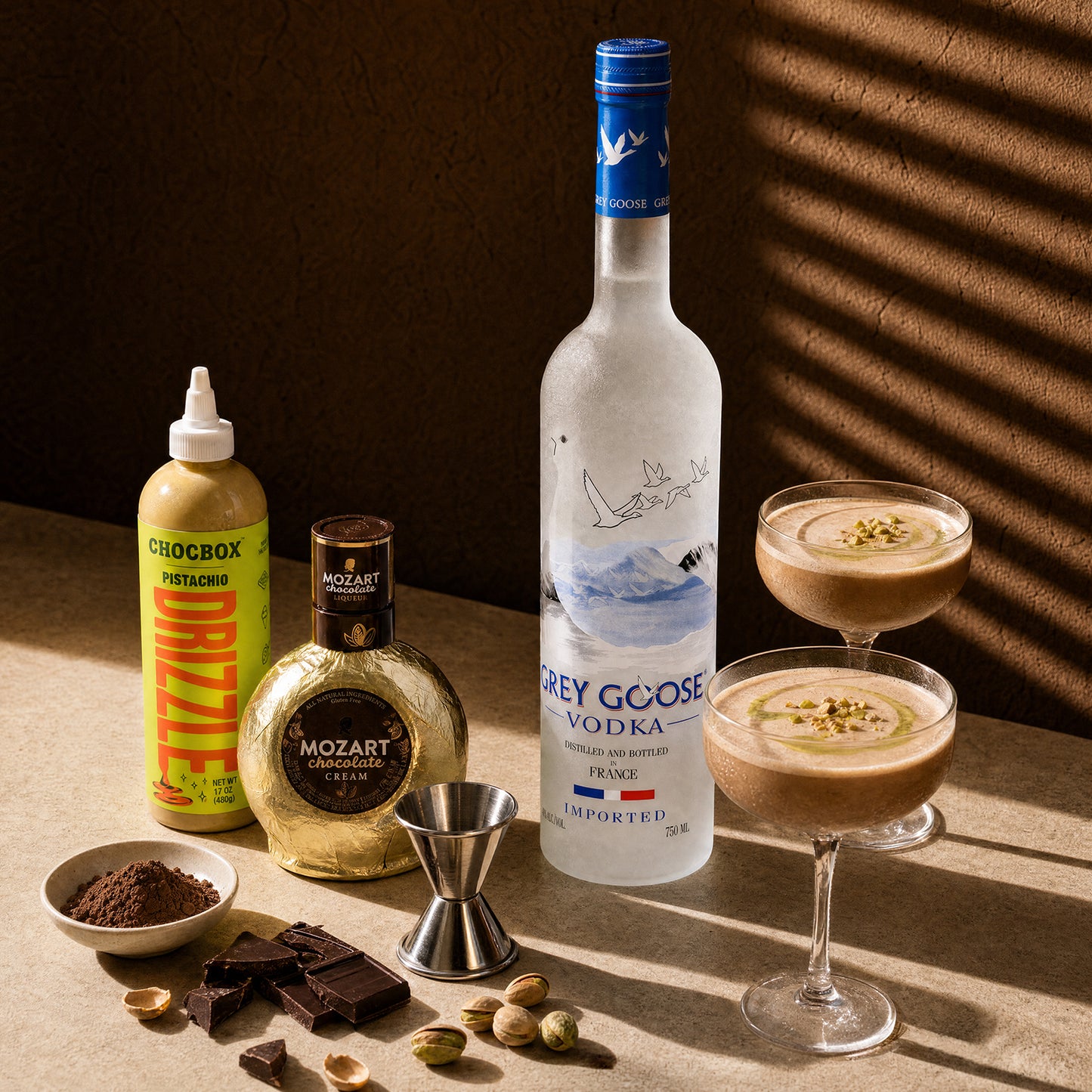 A Grey Goose vodka bottle stands on a tabletop beside two prepared cocktails in coupe glasses, a chocolate syrup bottle, a gold-toned liqueur bottle, a jigger, chocolate pieces, cocoa powder, and pistachios. Strong diagonal sunlight casts shadows across a brown textured background.