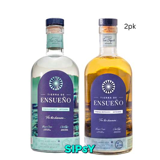 Two bottles of Tierra de Ensueno tequila with purple labels on a white background.