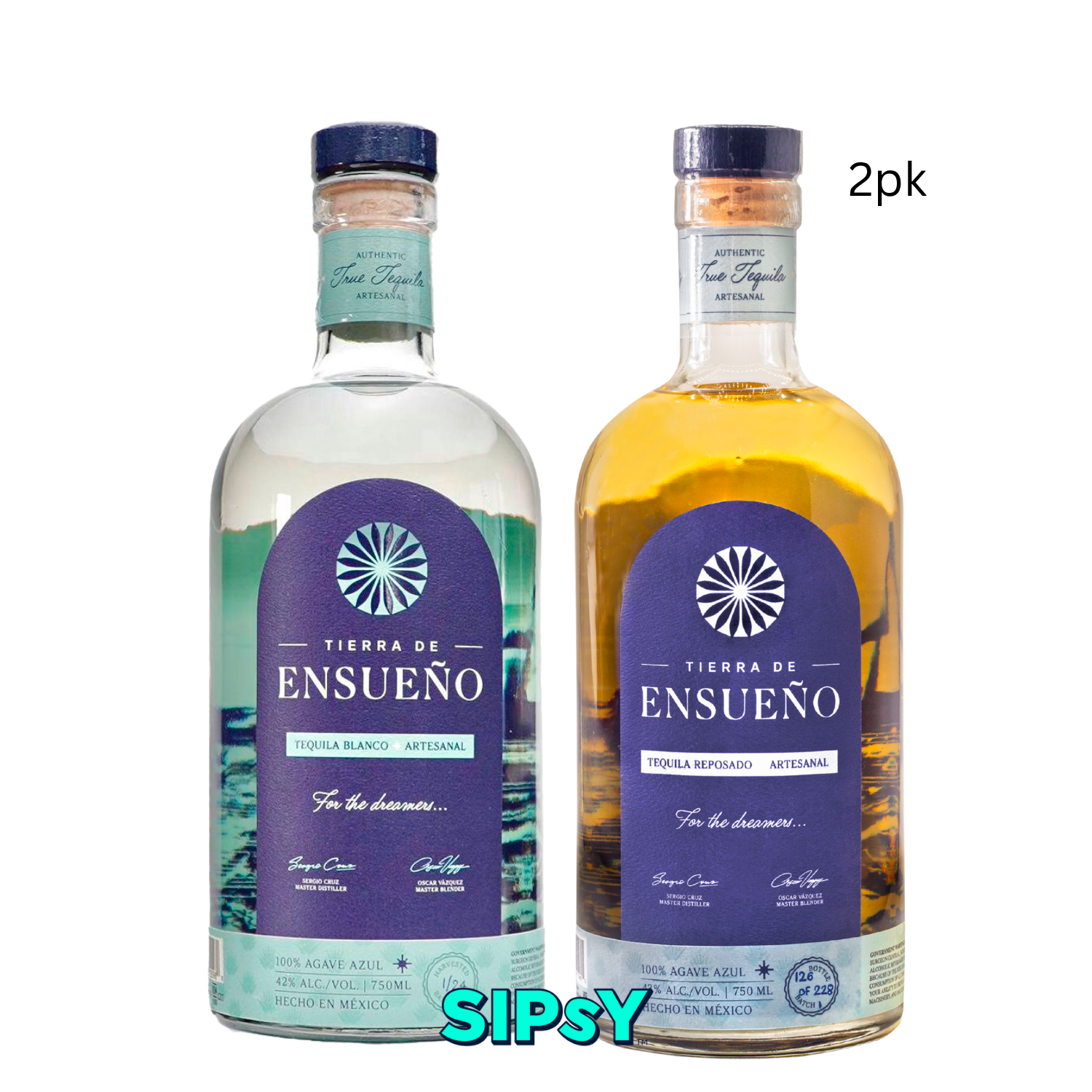 Two bottles of Tierra de Ensueno tequila with purple labels on a white background.