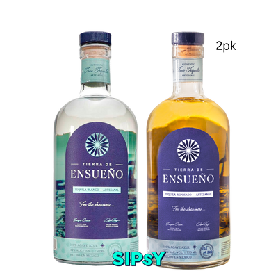 Two bottles of Tierra de Ensueno tequila with purple labels on a white background.
