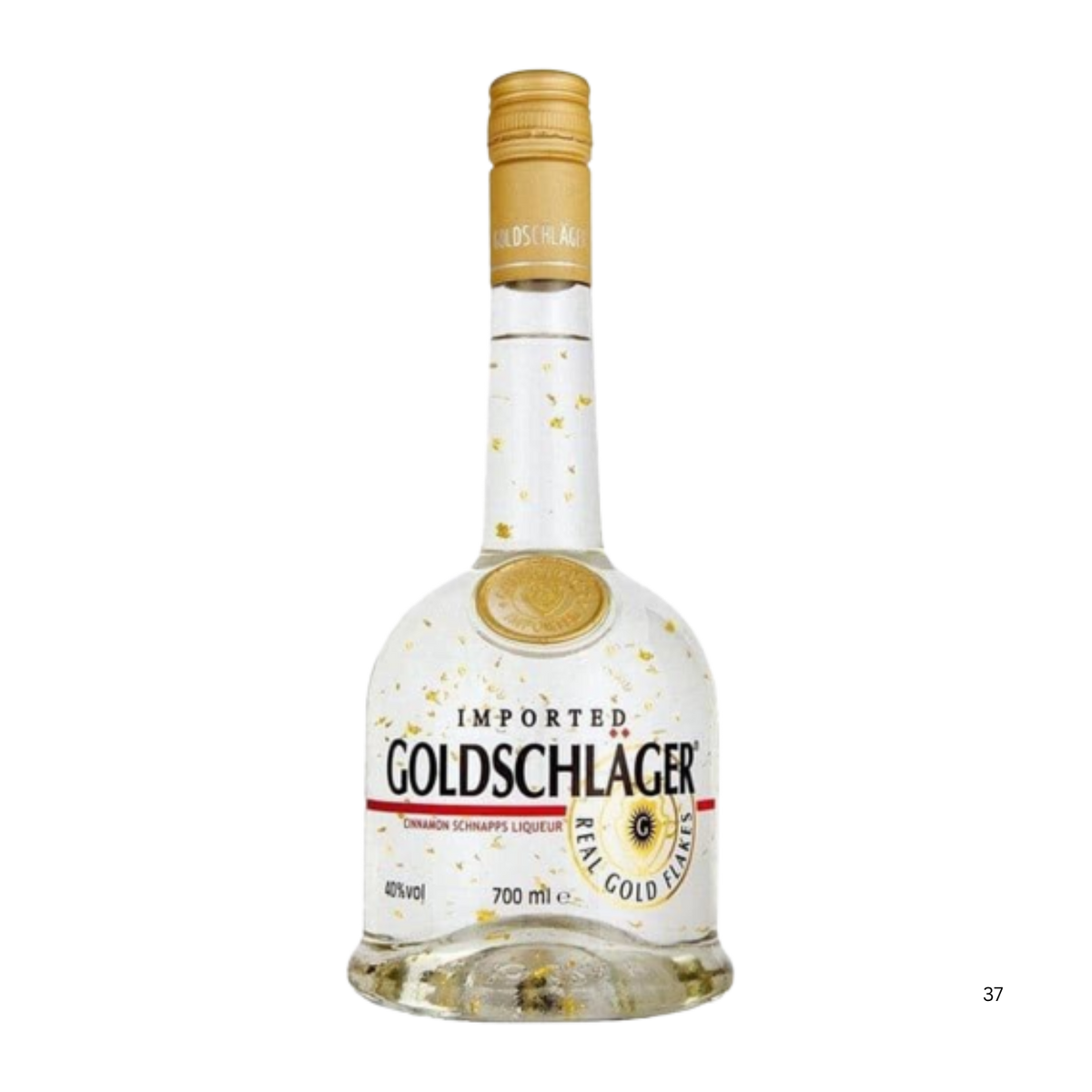 A bottle of Goldschlager Real Gold Classic spirit liqueur, 700 ml, featuring a clear glass bottle with gold glitter, a gold cap, and a white label with black and gold lettering.