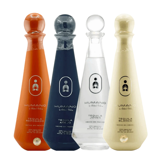 Four bottles of Humano tequila in different colors on a white background