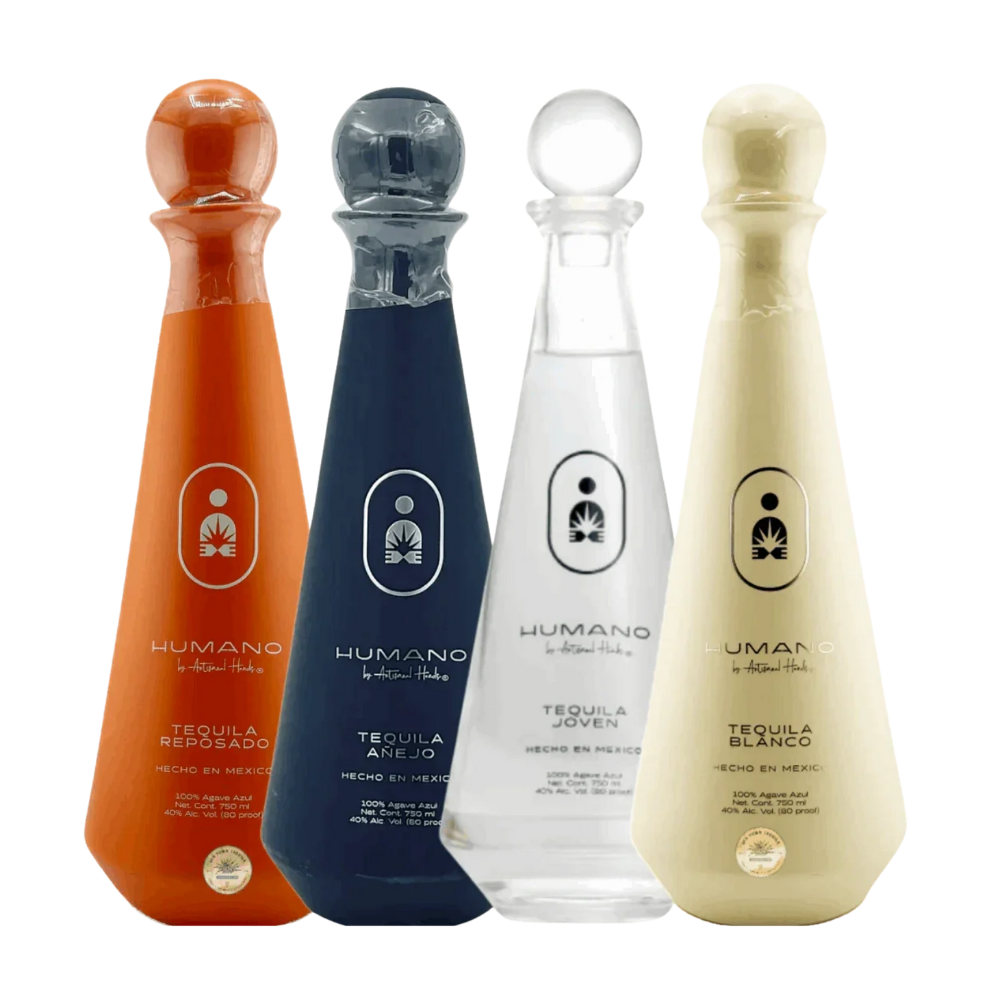 Four bottles of Humano tequila in different colors on a white background