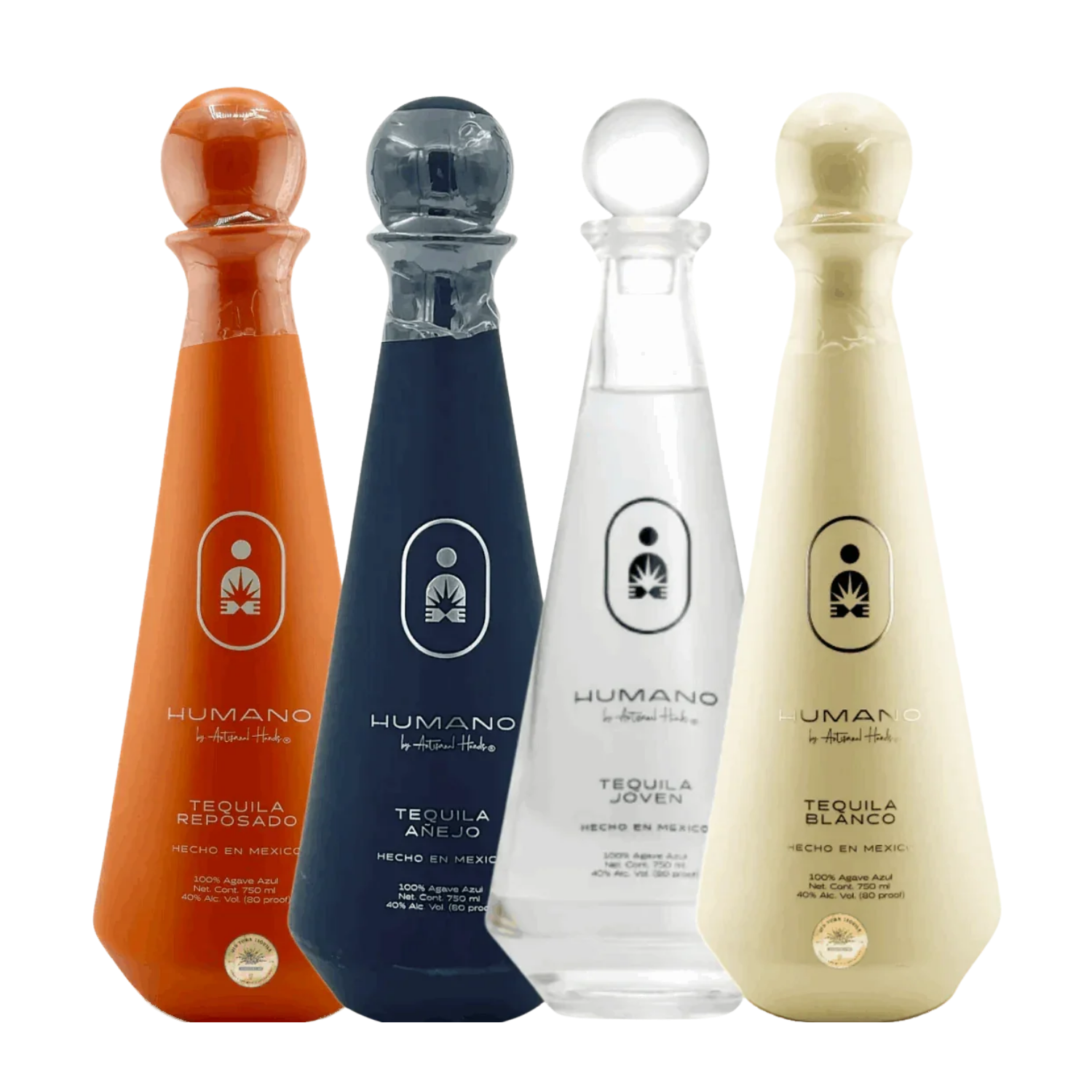 Four bottles of Humano tequila in different colors on a white background