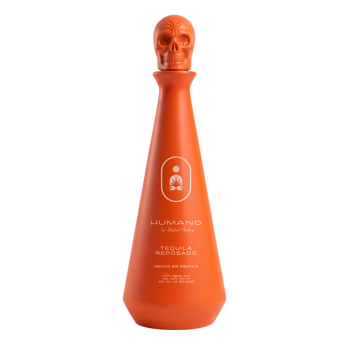 An orange tequila bottle with a skull-shaped stopper, featuring the HUMANO brand logo and text on the front, set against a plain white background.