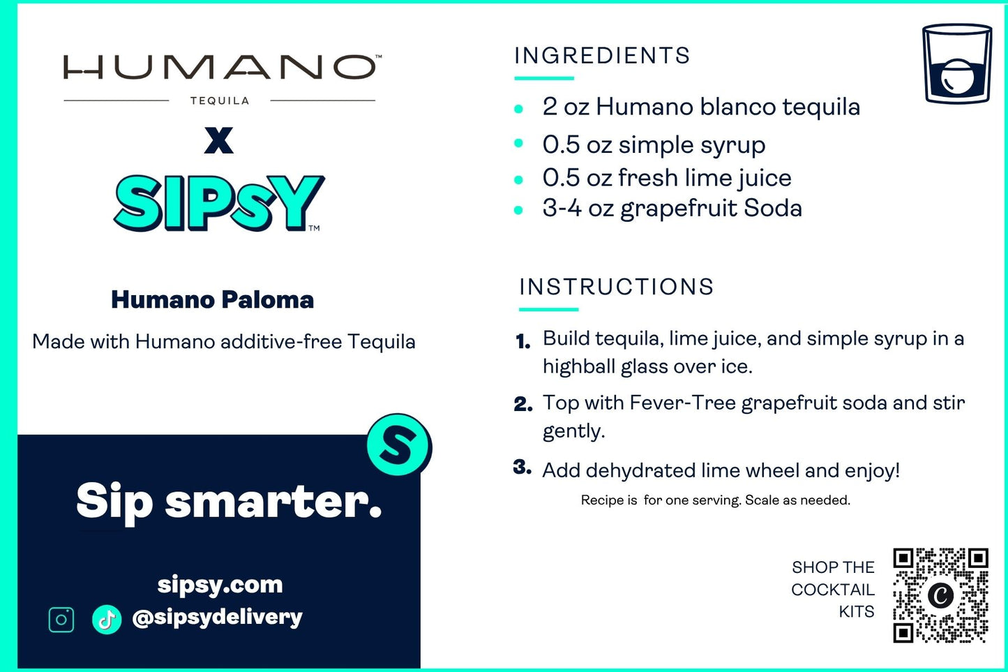 A digital recipe card for Humano Paloma tequila cocktail, featuring ingredients and step-by-step instructions on a white background with a teal border. The card includes the Humano and Sipsy logos, a dark blue footer with the slogan 'Sip smarter.