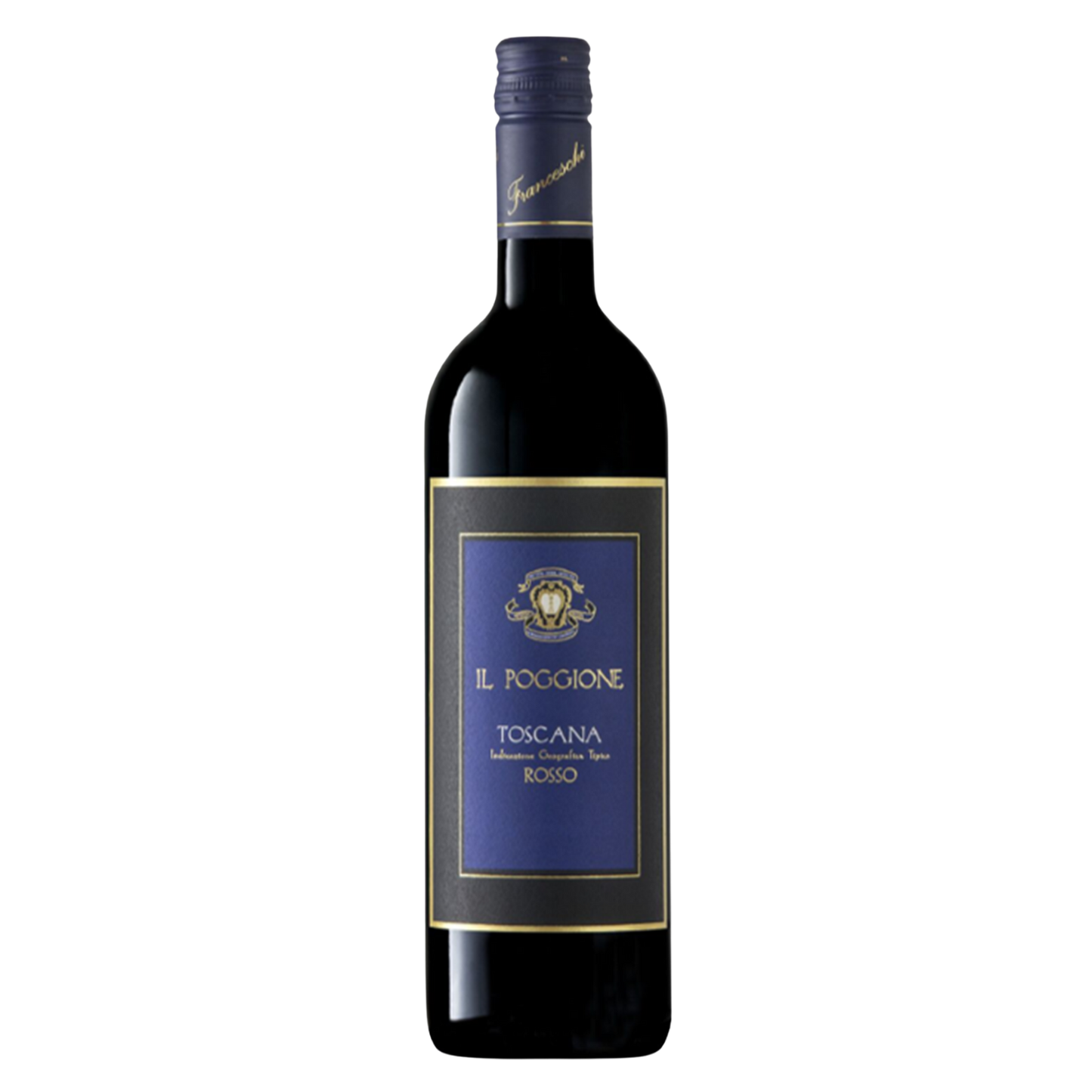 Wine bottle with a blue label on a white background