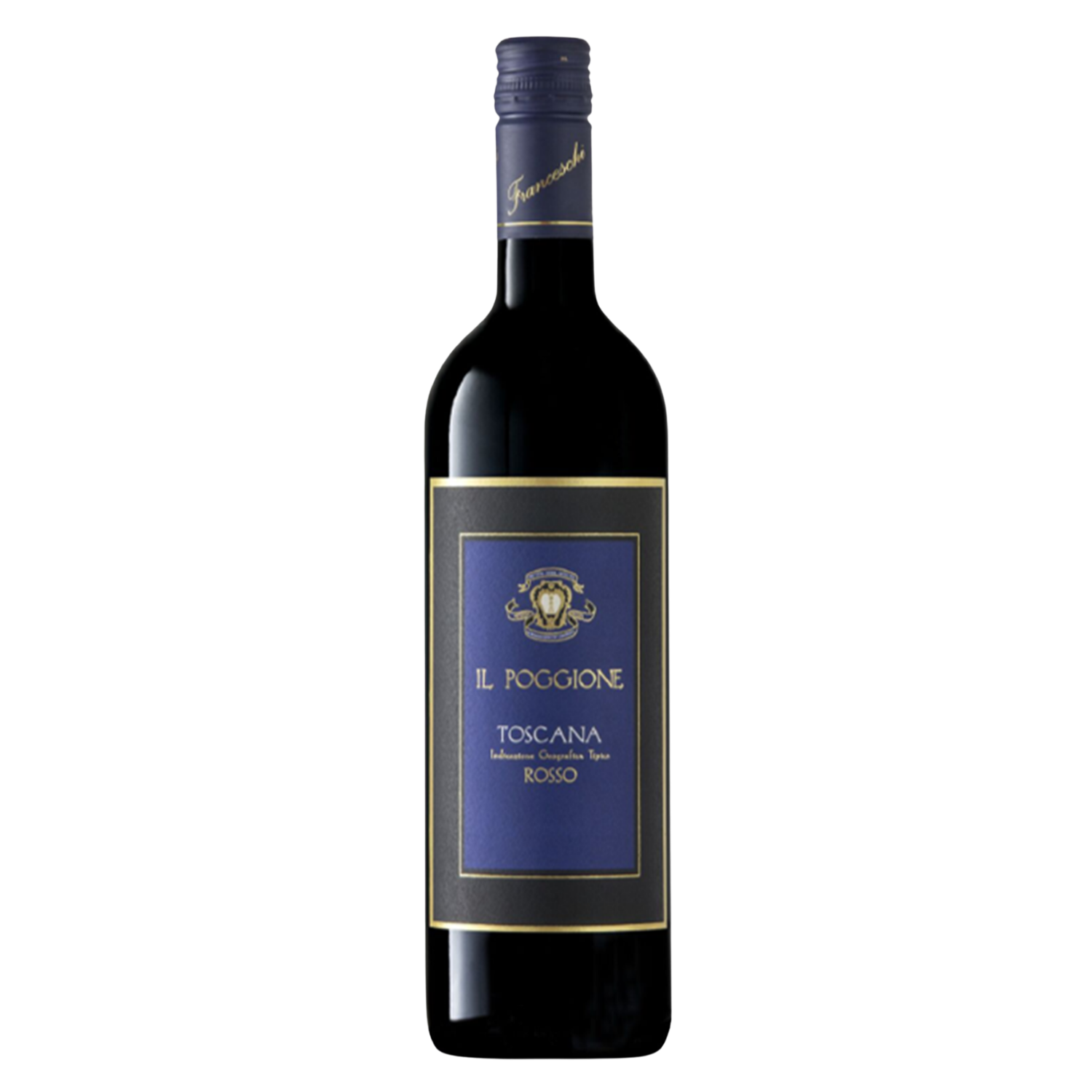 Wine bottle with a blue label on a white background