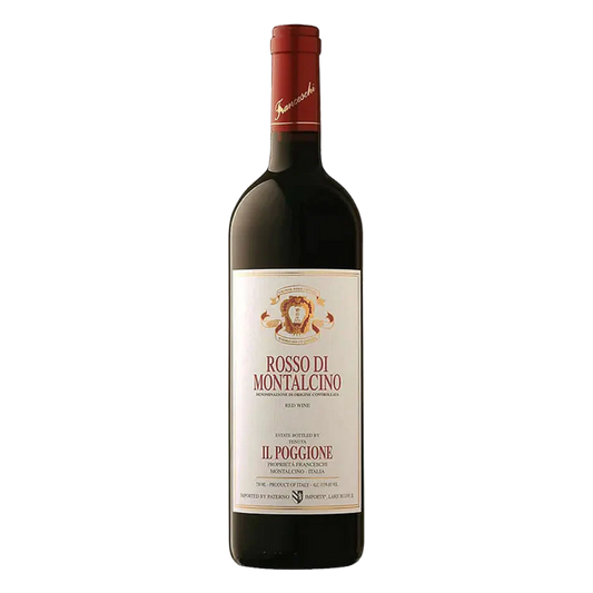 IL Poggione Rosso wine bottle of Rosso di Montalcino with a visible label on a white background