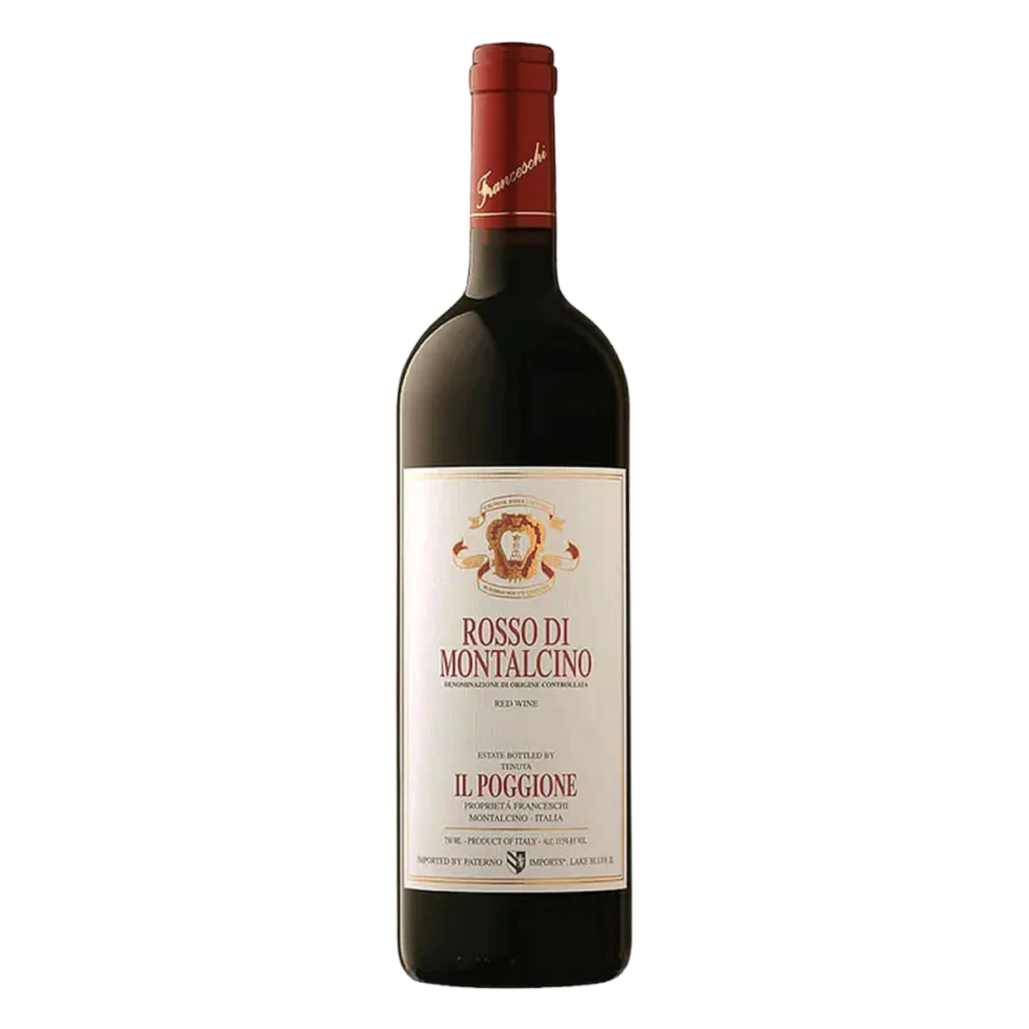 IL Poggione Rosso wine bottle of Rosso di Montalcino with a visible label on a white background