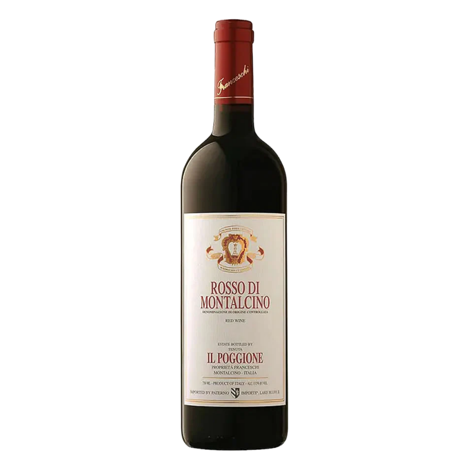 IL Poggione Rosso wine bottle of Rosso di Montalcino with a visible label on a white background