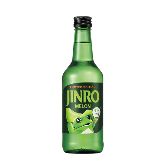A Green bottle of Jinro Melon Soju on a white background