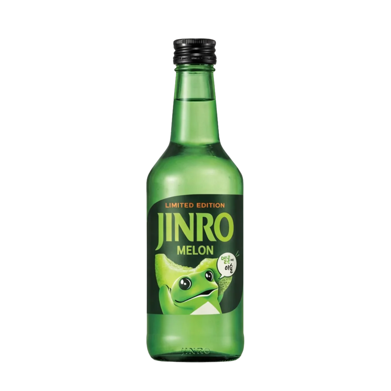 A Green bottle of Jinro Melon Soju on a white background