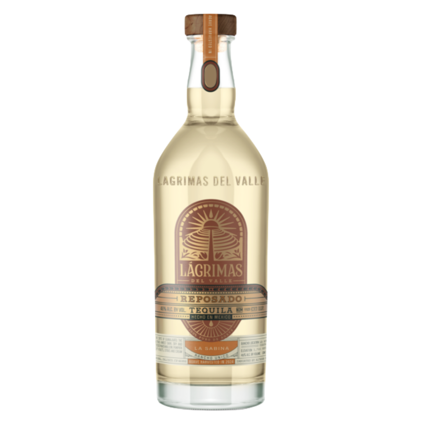 Bottle of Lagrimas Reposado Tequila on a white background