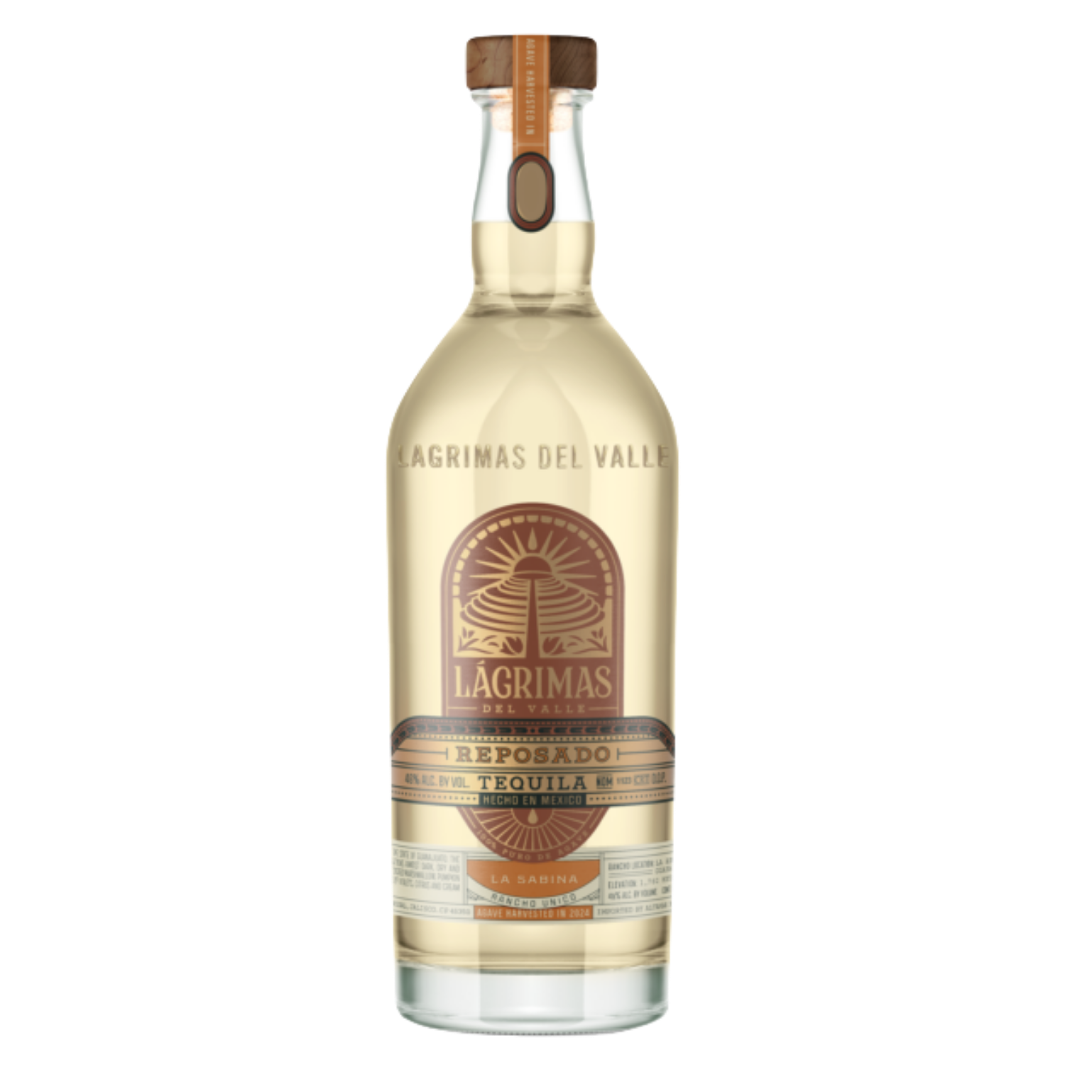 Bottle of Lagrimas Reposado Tequila on a white background