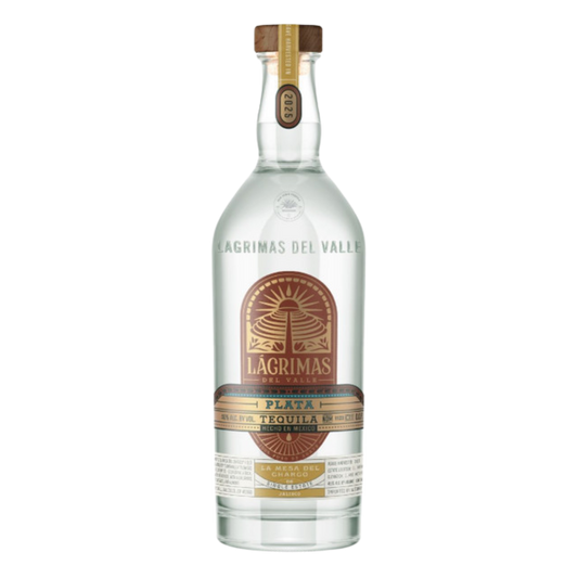 A bottle of Lagrimas Del Valle Plata Tequila on a plain white background.
