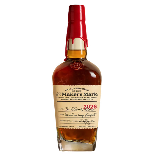 Bottle of Maker's Mark whiskey with a red foil cap on a white background